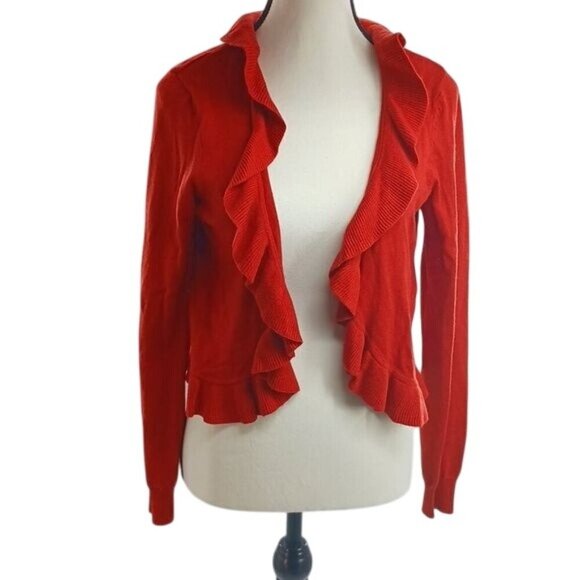 H&M Cardigan Sweater Red Knit Ruffle Open Front Wool Angora Womens Size M - Picture 1 of 7
